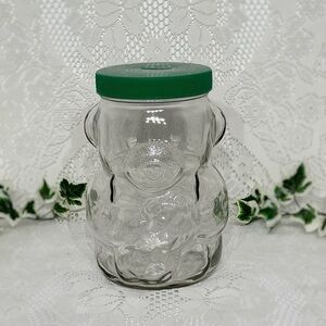 Vintage Peanut Butter Bank Bear Glass Green Plastic Lid